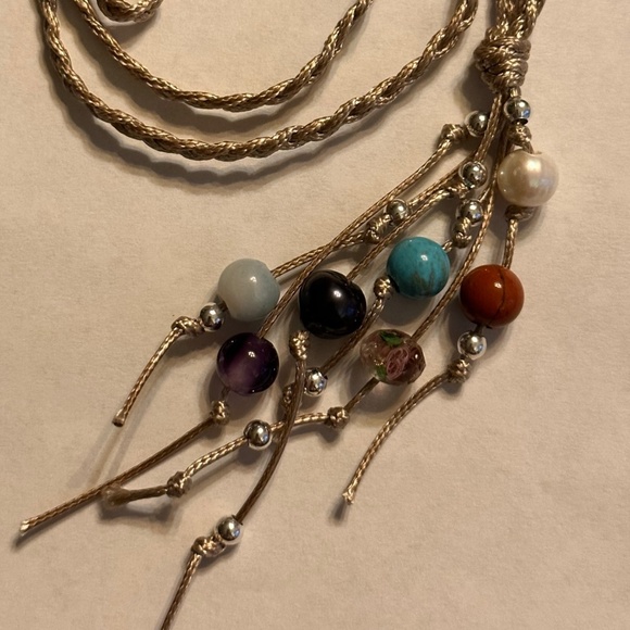 Hand Crafted Jewelry - ARTISAN Gemstones and Pearls Braided Tan Cord Tassel Necklace 23 1/2” long